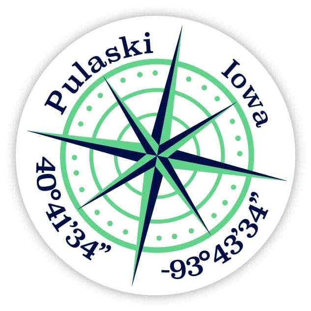 Pulaski Iowa 2-Inch Vinyl Decal Sticker Latitude Longitude Compass Design