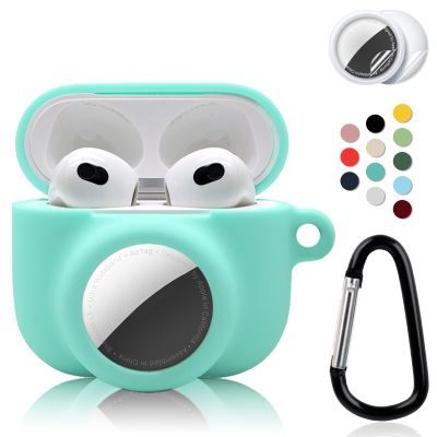 2 in 1 Protective Case Combo Set Compatible for Apple AirPods 3(2021) AirTag, GPS Tracker Holder with 2 PCS TPU Screen Protector&Keychain, Soft Silicone Anti-Lost Anti-Scratch Skin Cover(Cyan)