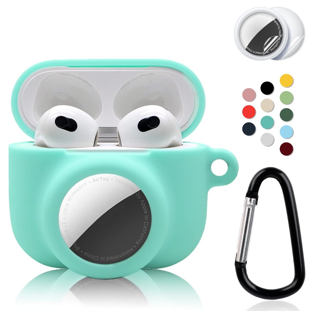 2 in 1 Protective Case Combo Set Compatible for Apple AirPods 3(2021) AirTag, GPS Tracker Holder with 2 PCS TPU Screen Protector&Keychain, Soft Silicone Anti-Lost Anti-Scratch Skin Cover(Cyan)
