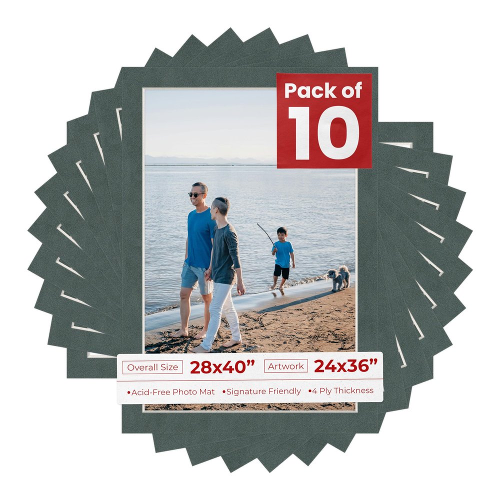 28x40 Mat for 24x36 Photo - Precut Dark Grey Suede Picture Matboard for Frames 28 x 40 Inches - Bevel Cut to Display Art 24 x 36 Inches - Acid Free Pack of 10 MATS with Backing Boards & Clear Bags