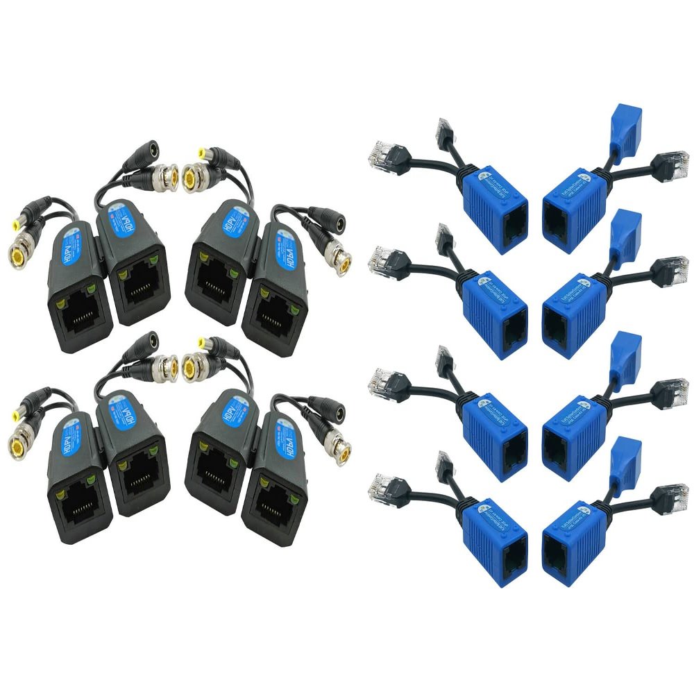 SGUESIKR 4 Pair Passive Video BNC Baluns 1080P-8MP and 4 Pair 2-in-1 PoE IP Camera Power/Data Adapters
