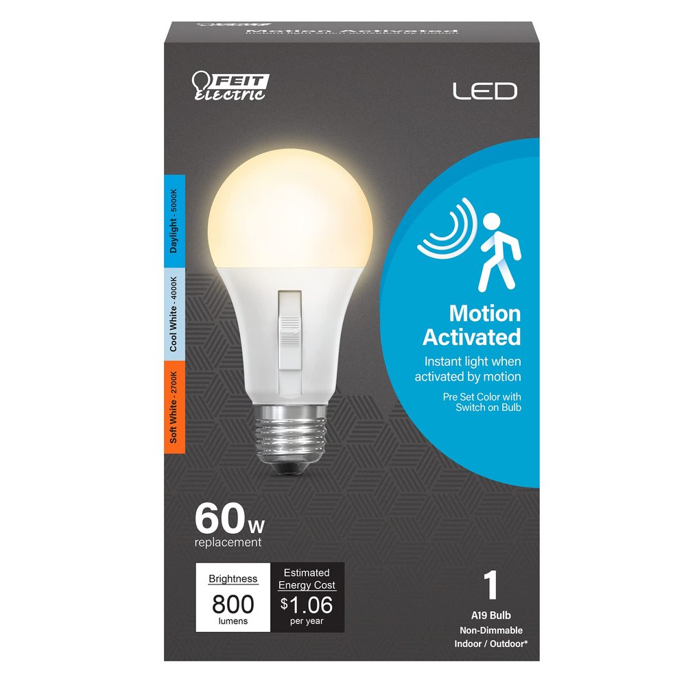 Feit Electric LED Three-Color Selectable, Built-in Motion Sensor Intellibulb - A19 with an E26 Medium Base Light Bulb - 60W Equivalent - 15 Year Life - 800 Lumen - 2700K, 4000K and 5000K