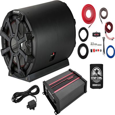 KICKER Subwoofer and Amp Package of 3 Items - 10" TB 800 Watt Loaded Subwoofer Enclosure, DS18 Class D Monoblock Amplifier, and Complete 8AWG Wiring Kit