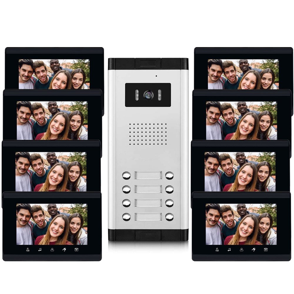 AMOCAM 8 Units Apartment Intercom System, 7 inch Monitor Wired Video Door Phone System, Monitoring, Unlock, Dual Way Door Intercom, for Home Household Apartment Black