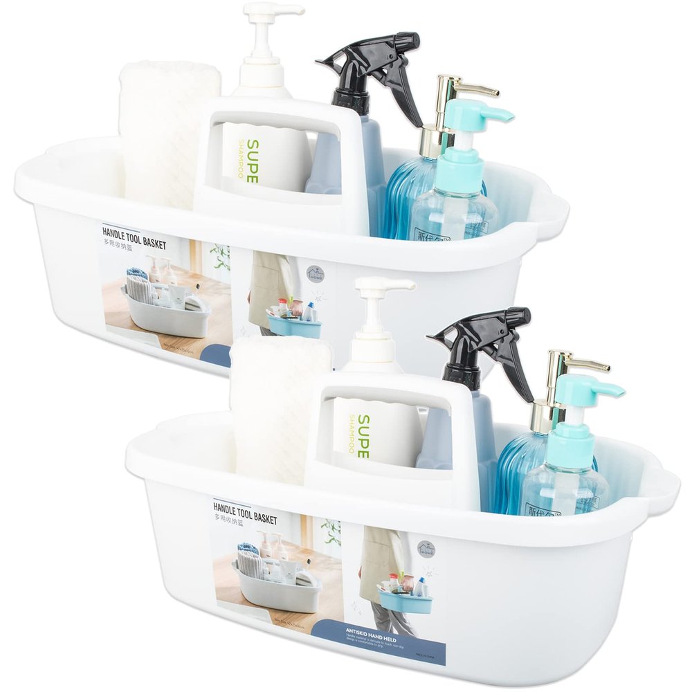 Large Cleaning Supplies Caddy Portable Shower Basket Supply Organizer with Handle Plastic Bucket Tool Storage for Bathroom, Bedroom, Kitchen, College Dorm, Garden, White 2 Pack