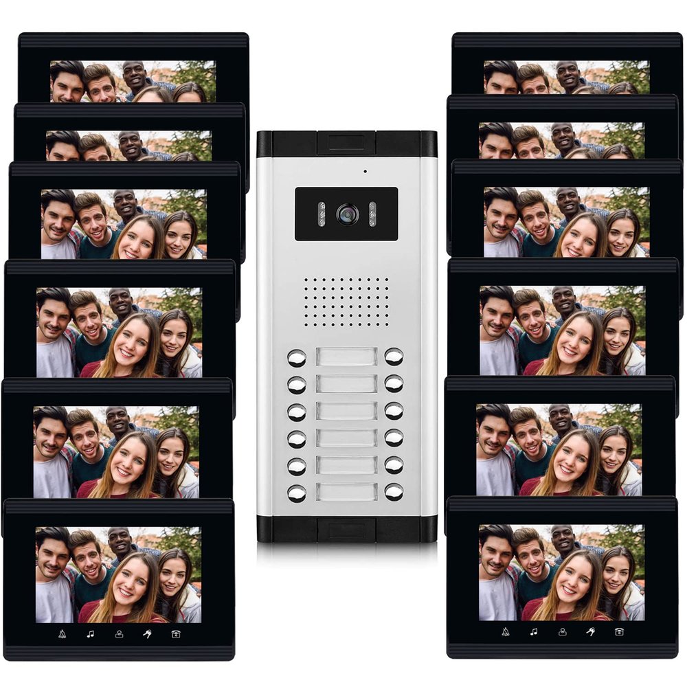 AMOCAM 12 Units Apartment Intercom System, 7 inch Monitor Wired Video Door Phone System, Monitoring, Unlock, Dual Way Door Intercom, for Home Household Apartment