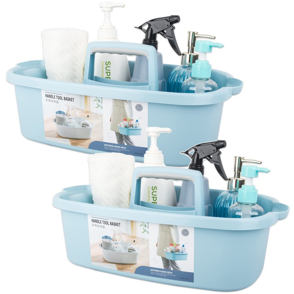 Large Cleaning Supplies Caddy Portable Shower Basket Supply Organizer with Handle Plastic Bucket Tool Storage for Bathroom, Bedroom, Kitchen, College Dorm, Garden, Blue 2 Pack