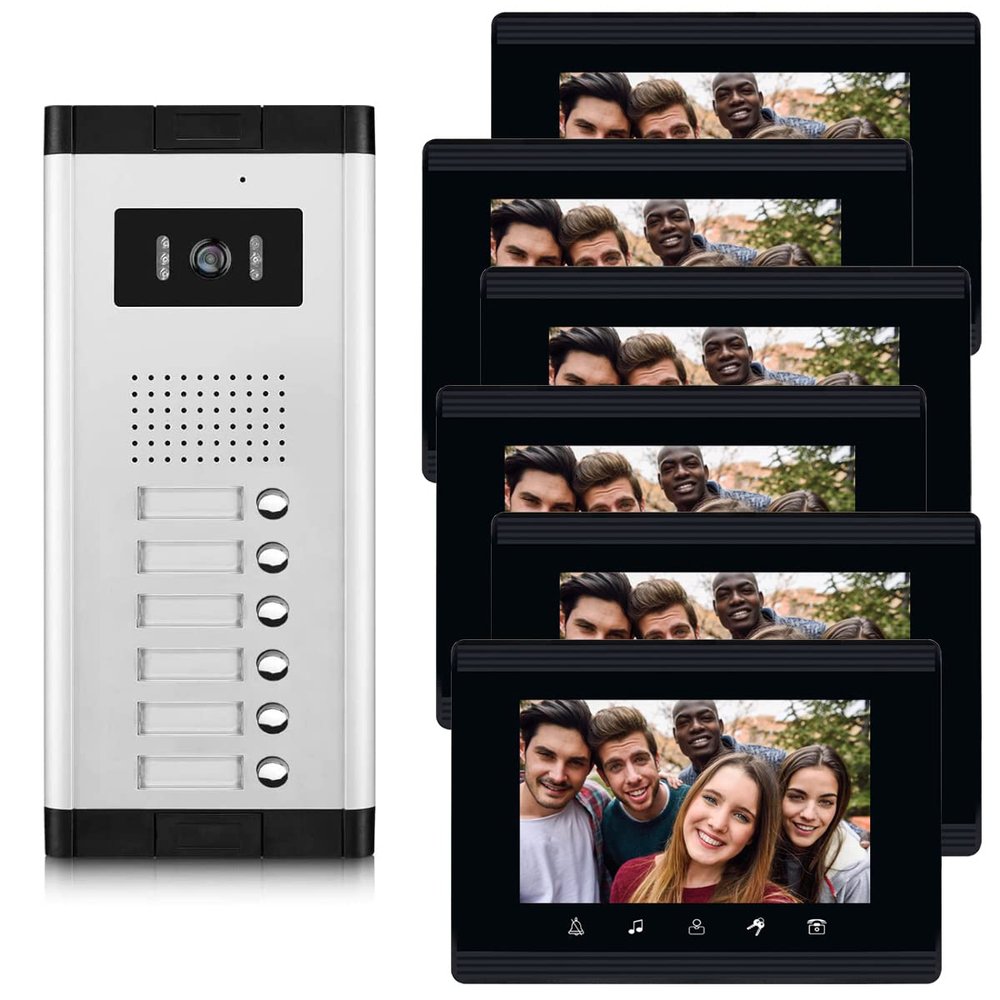 AMOCAM 6 Units Apartment Intercom System, 7 inch Monitor Wired Video Door Phone System, Monitoring, Unlock, Dual Way Door Intercom, for Home Household