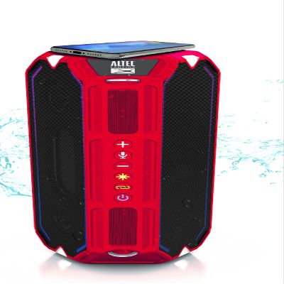 Altec Lansing HydraShock Bluetooth Speaker USB Type-C Rechargeable Portable Speaker Wireless Charger for Phone, Stereo Speaker w/LED Lights for Pool Beach Hiking Camping, 20 Hour Playtime (Red)