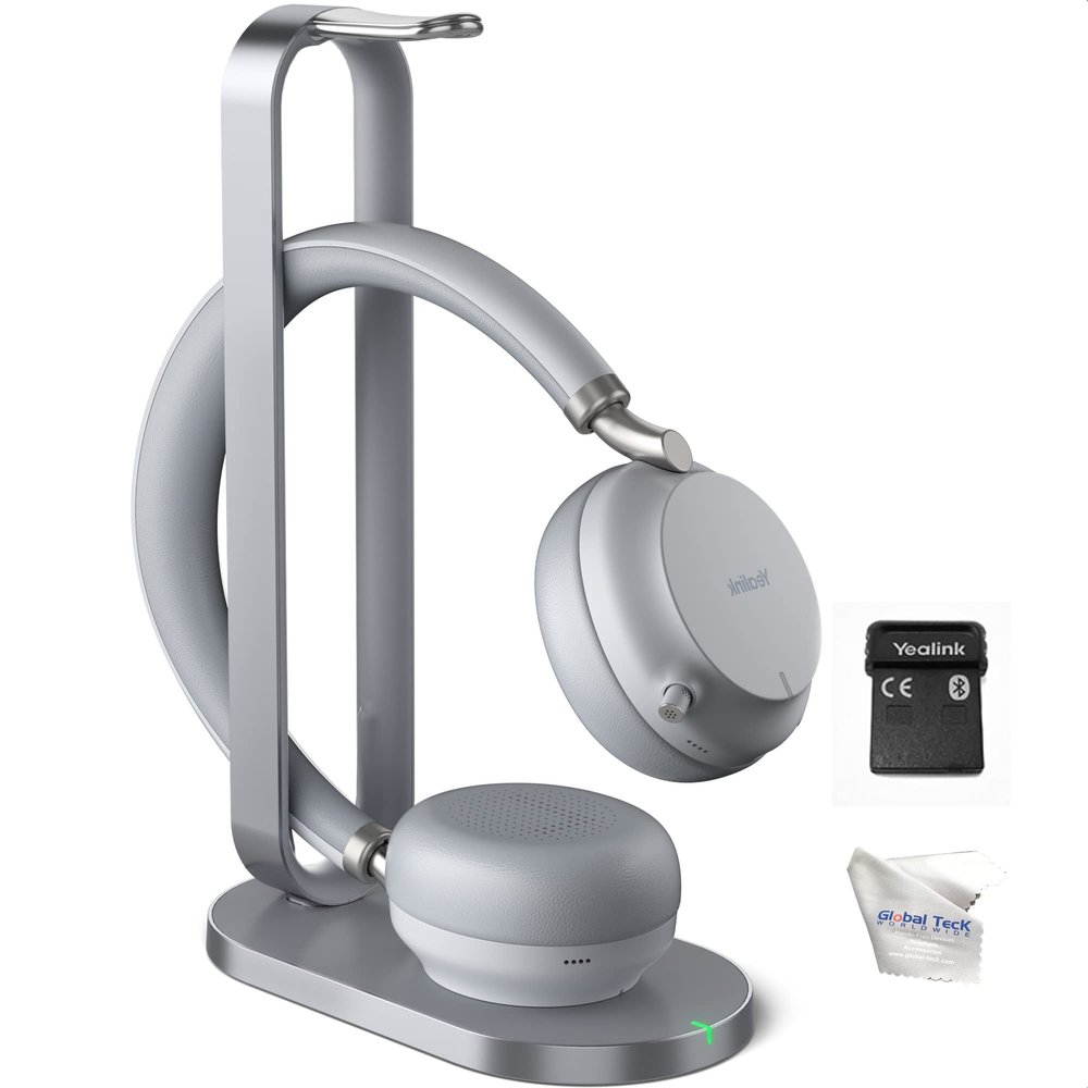 Yealink BH72 Bluetooth Headset UC with Charging Stand, USB-A (Grey) - GTW Bundle Yealink Wireless Headset with Global Teck Microfiber Cloth - Compatible for Office and Home Use