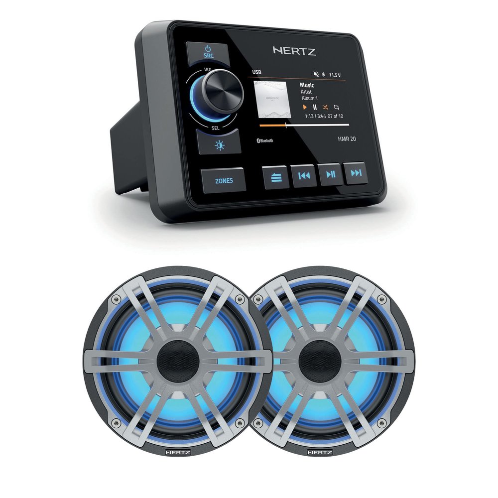 Hertz HMR 20 Marine Digital Media Receiver with 1 Pair HEX 6.5 S-LD-G 6.5" 4-Ohm Marine Coax Set with RGB LEDs