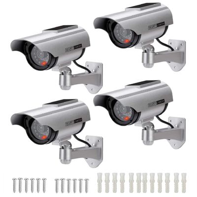 PreZiouz Solar Powered Fake Security Cameras, Bullet Dummy Security Camera, Simulated Surveillance Camera with Flashing Light and CCTV Stickers for Home Businesses Indoor/Outdoor (4 Packs, Silver)