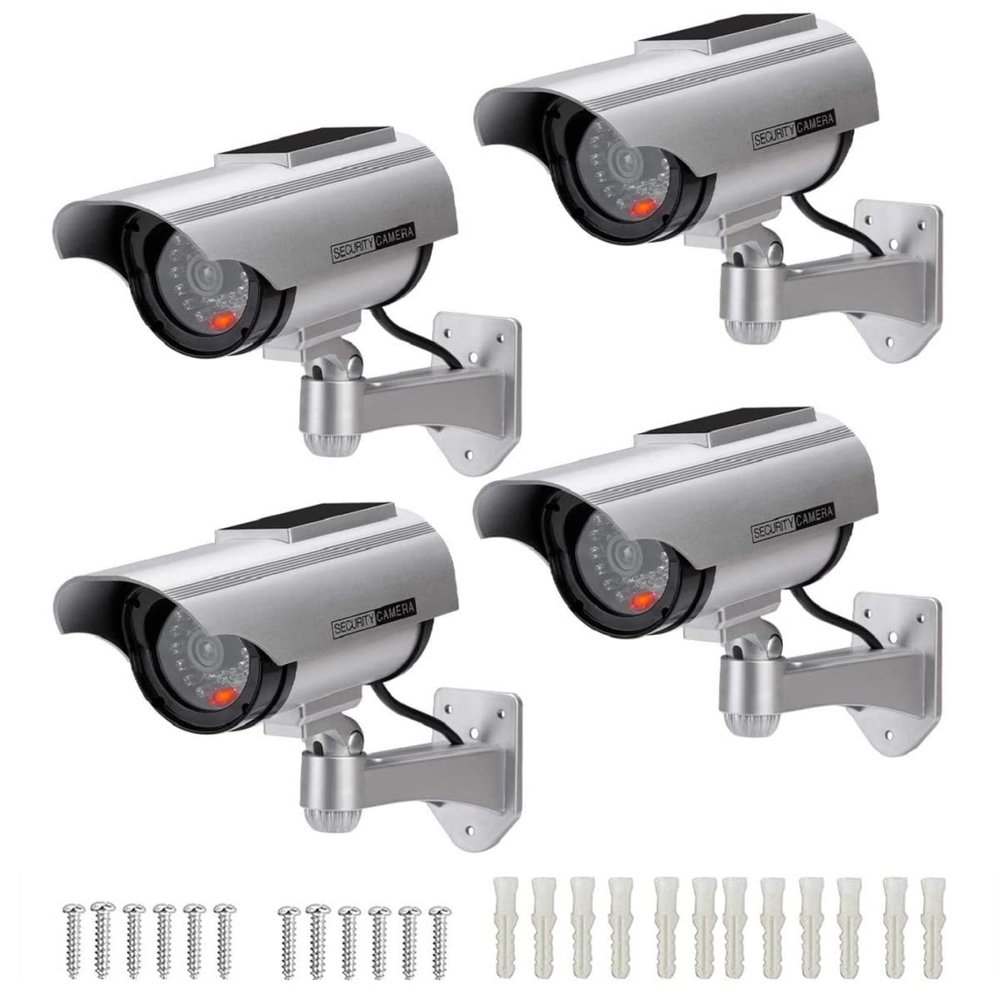 PreZiouz Solar Powered Fake Security Cameras, Bullet Dummy Security Camera, Simulated Surveillance Camera with Flashing Light and CCTV Stickers for Home Businesses Indoor/Outdoor (4 Packs, Silver)
