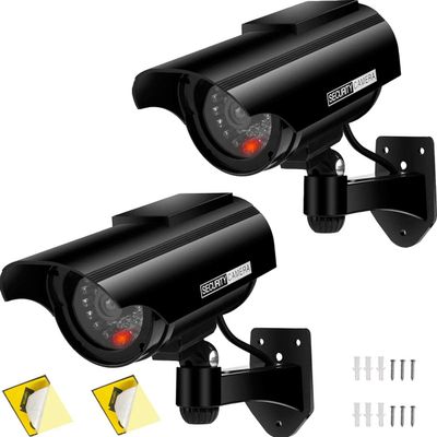 PreZiouz Solar Powered Fake Security Cameras, Bullet Dummy Security Camera, Simulated Surveillance Camera with Flashing Light and CCTV Stickers for Home Businesses Indoor/Outdoor (2 Packs, Black)