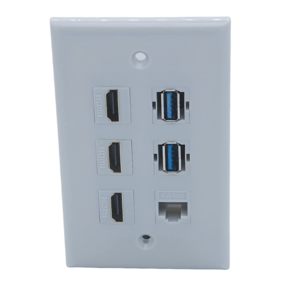 1Gang Colorful 3 Ports HDMI 2 Ports USB 3.0 1 Port CAT6 RJ45 Female To Female Wall Plate (Gray)