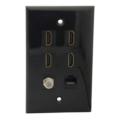 1Gang Colorful 4 Ports HDMI 1 Port Coaxial F RG6 1 Port CAT6 RJ45 Female To Female Wall Plate (Black)