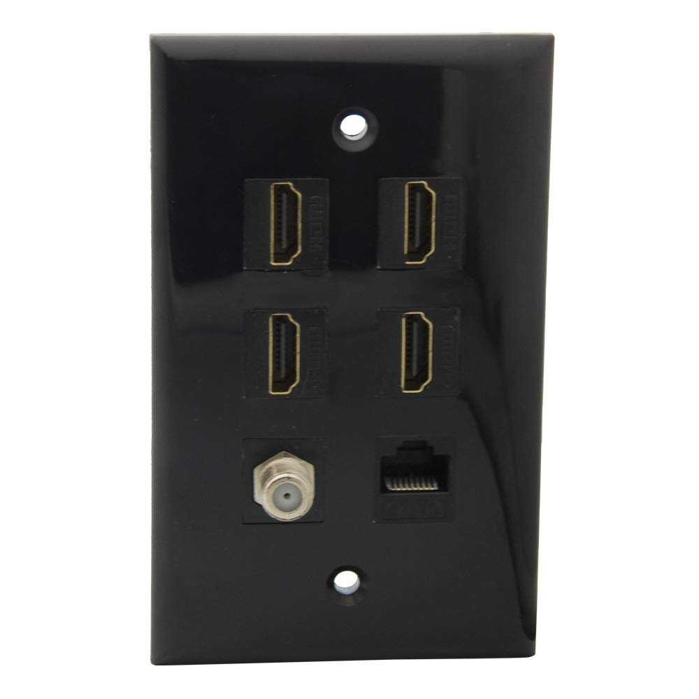 1Gang Colorful 4 Ports HDMI 1 Port Coaxial F RG6 1 Port CAT6 RJ45 Female To Female Wall Plate (Black)