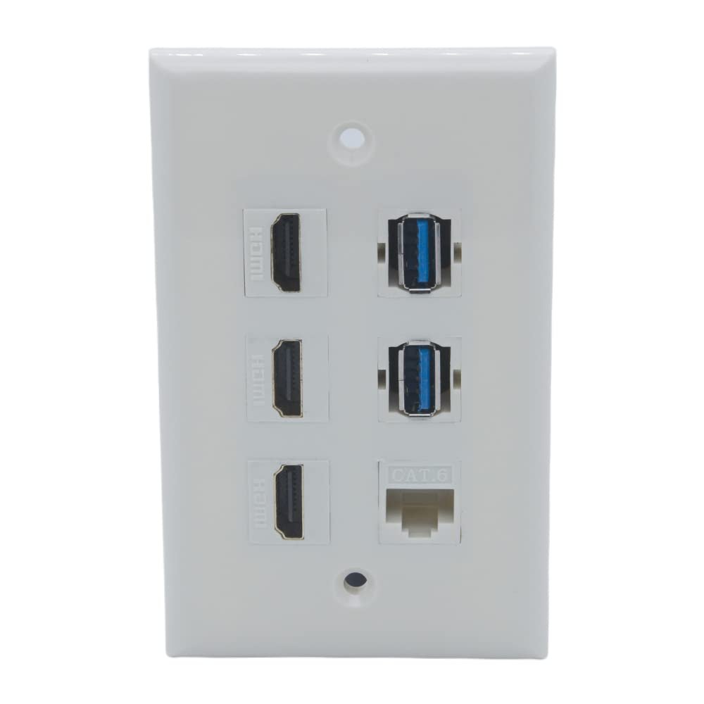 1Gang Colorful 3 Ports HDMI 2 Ports USB 3.0 1 Port CAT6 RJ45 Female To Female Wall Plate (Almond)