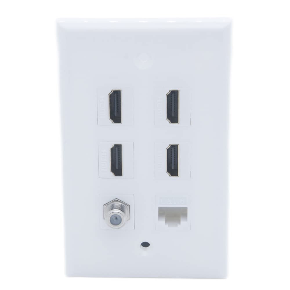 1Gang Colorful 4 Ports HDMI 1 Port Coaxial F RG6 1 Port CAT6 RJ45 Female To Female Wall Plate (White)