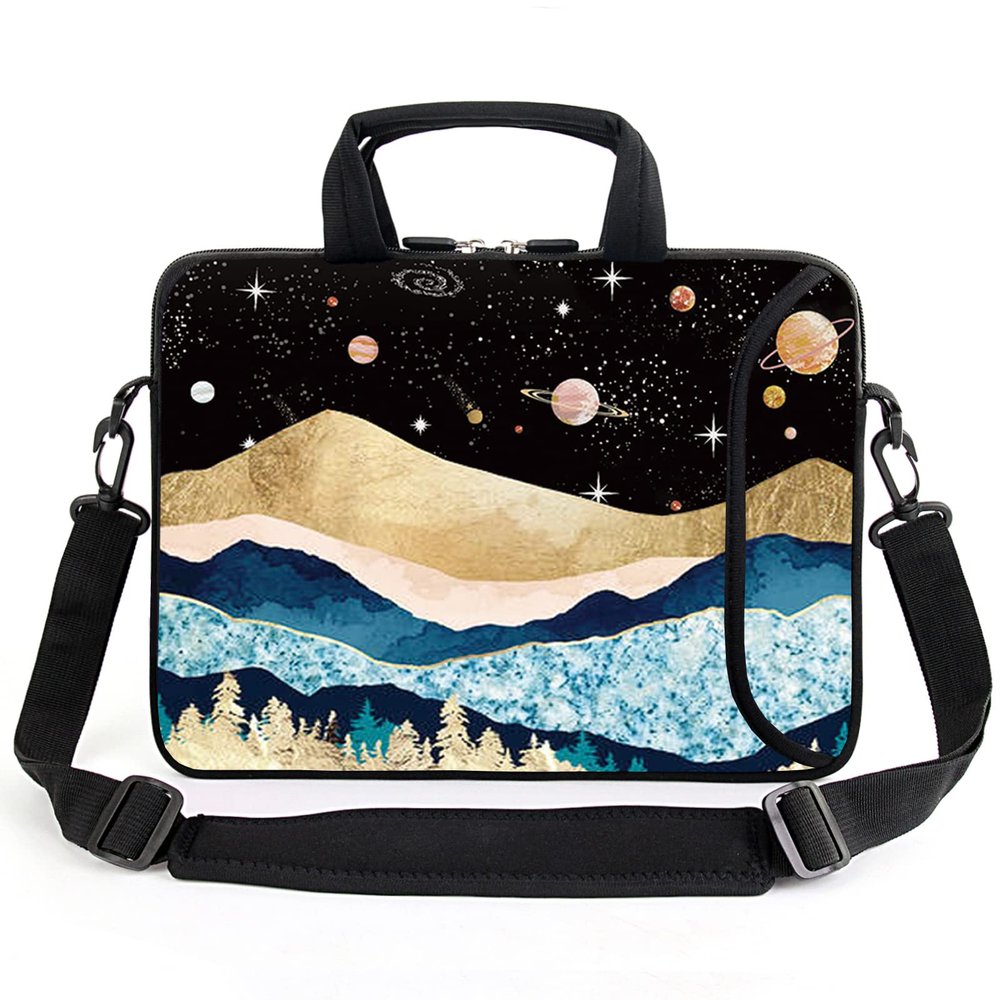 AMARY 13" 13.3" laptop sleeve chromebook case adjustable shoulder strap with handle accessory pocket (Mountains Galaxy)