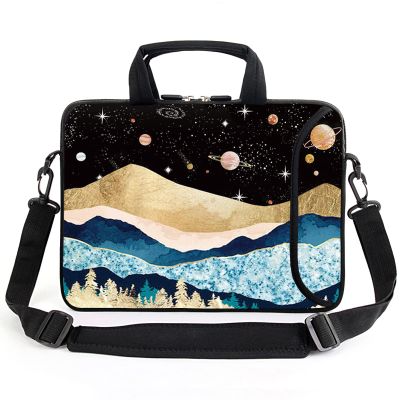 AMARY 15.4" 15.6" laptop sleeve adjustable shoulder strap with handle accessory pocket for men women (Mountains Galaxy)