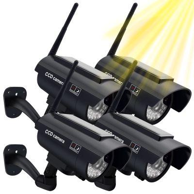 QQCherry Fake Security Camera, Solar Powered Dummy Security Camera Simulated Surveillance System with Light Sensor and LED Light for Home and Businesses Security Indoor/Outdoor(4Pack, Black)