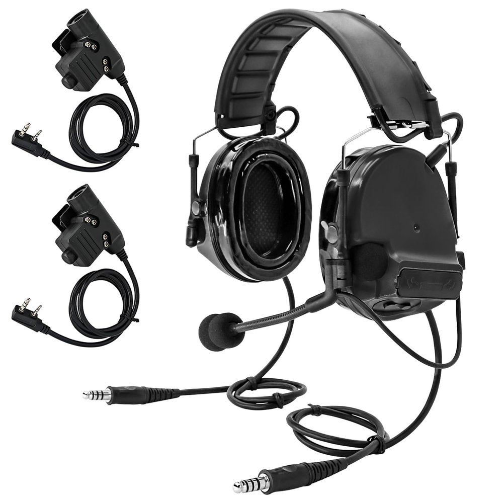 HEARFALCOM Dual Communication COMTA III Tactical Headset with PTT Adapters U94 PTT Compatible with Baofeng UV-5R, UV-82 Walkie Talkie Suitable for Airsoft Sports, Hunting, Hearing Protection (BK)