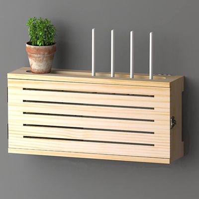 Solid Wood Wireless Router Storage Box, Wifi Router Modem Cable Power Plug Wire Storage Boxes Wall Mount, Set-top Box Rack for Storing Routers and Combing Wires, Good Heat Dissipation(Color:Wood color