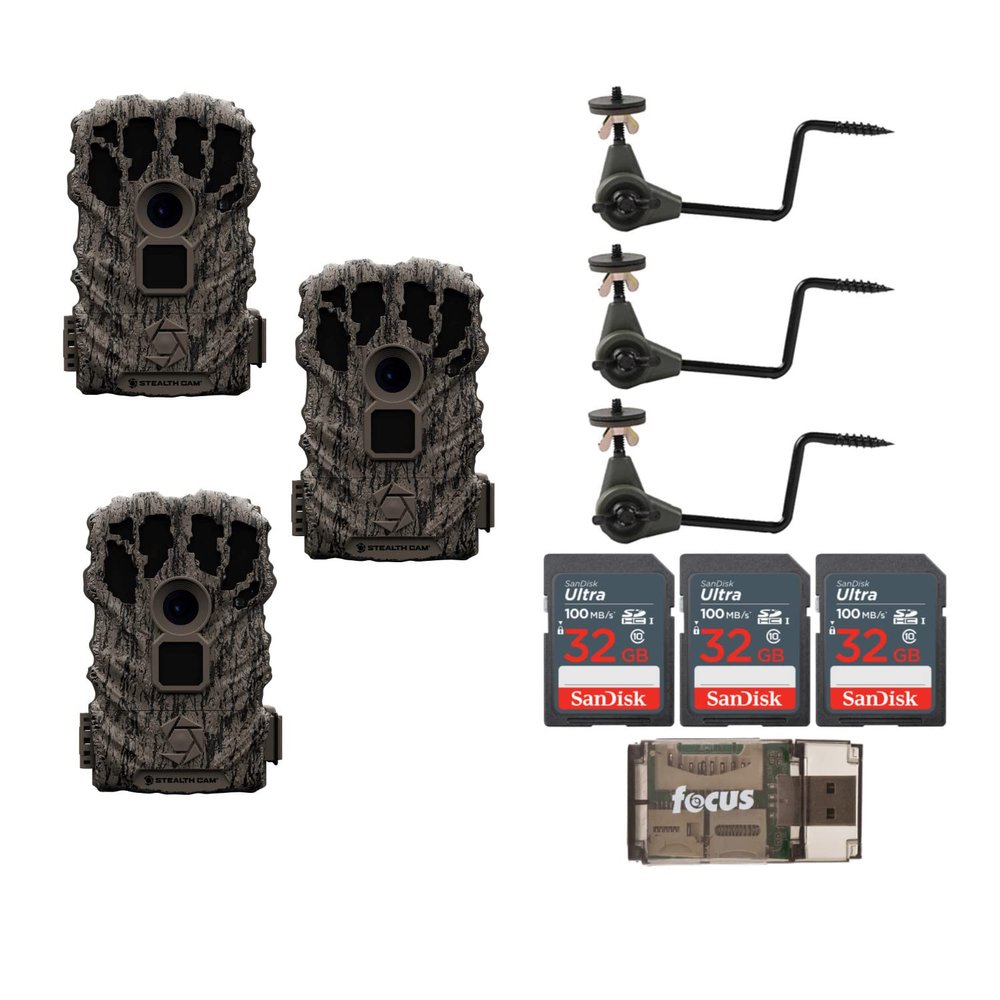 Stealth Cam Browtine 14MP Camera (3-Pack) Bundle with Economy Trail Camera Holder (3-Pack), 32GB Ultra SDHC UHS-I Memory Card (3-Pack) and All-in-One High Speed USB 2.0 Card Reader (8 Items)