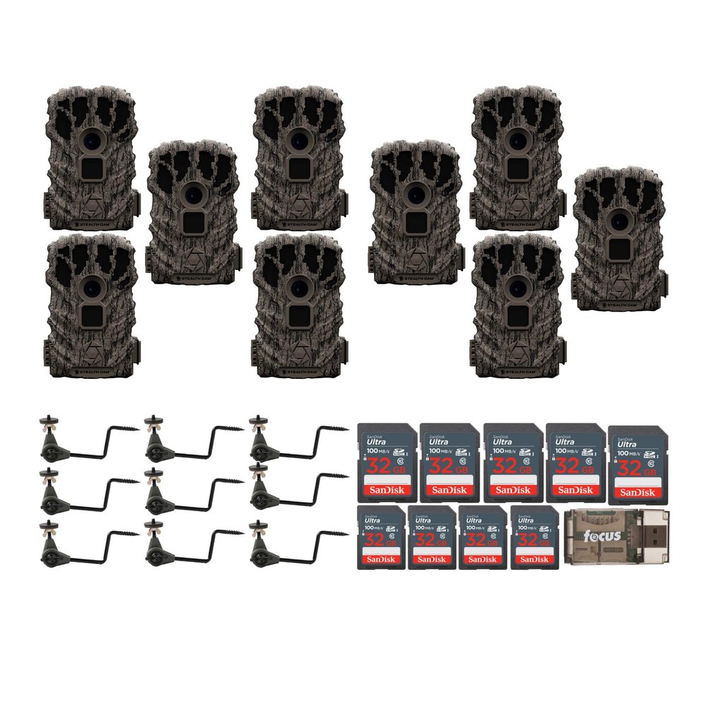 Stealth Cam Browtine 14MP Camera Bundle with Trail Camera Holder, 32 GB Memory Card, and Card Reader (9-Pack)