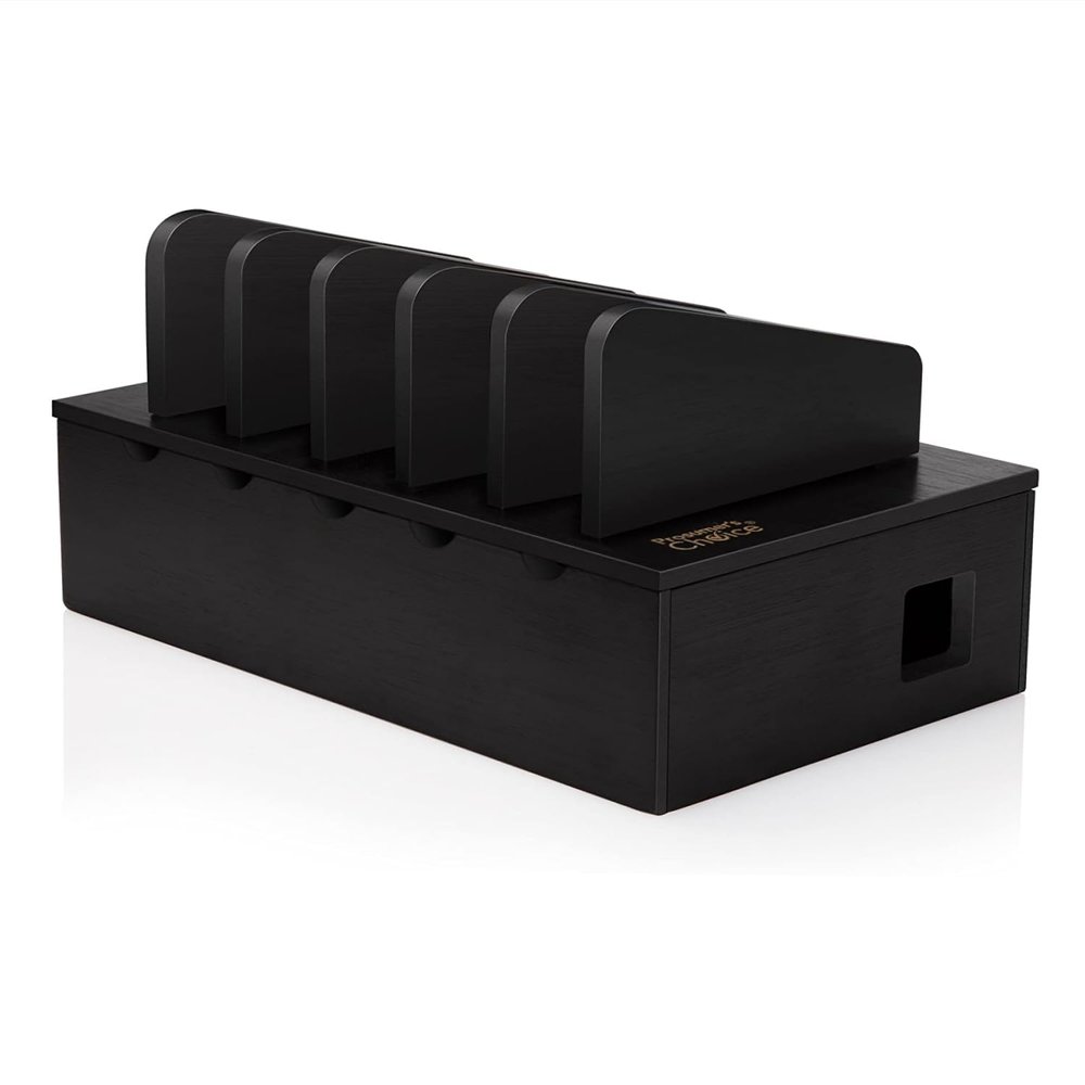 Prosumer's Choice Natural Bamboo Device Charging Station for Multiple Devices | Desk Dock Organizer for Cell Phone, Tablet, Apple iPhone, iPad | with Removable Dividers - Black