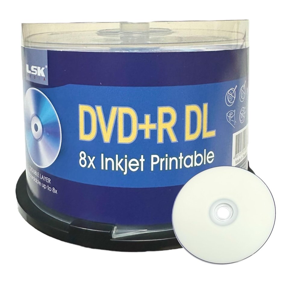 DVD+R DL Double Layer 8X 8.5GB 240min Video, White Inkjet Printable, by LSK Media, 50 Pack in Spindle | Blank DVDs for Burning Video | DVD Discs Blank | Recordable DVDs