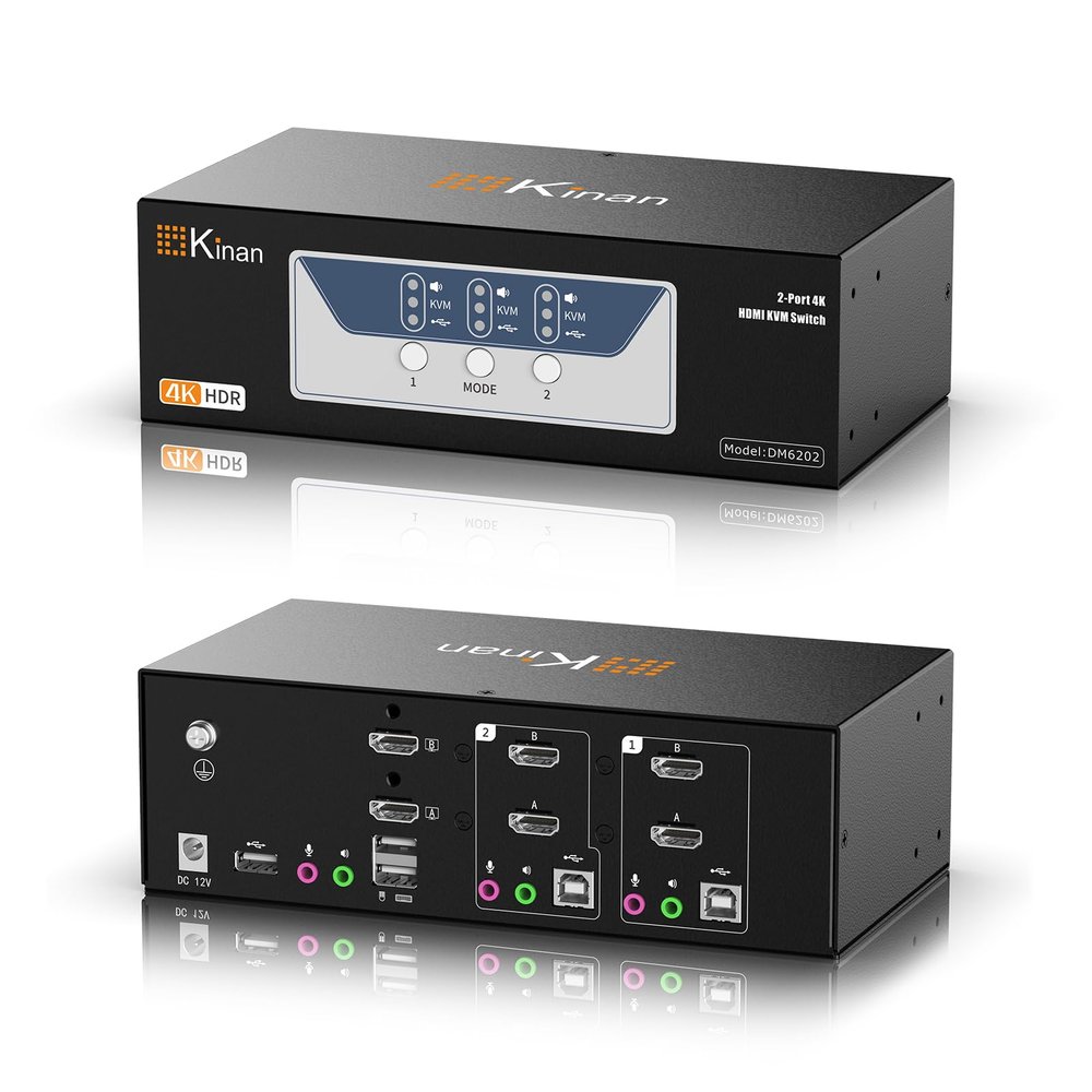 4K HDMI KVM Switch 2 Monitors 2 Computers, 4K@60Hz Dual KVM Switch for 2 Computers Sharing 2 Monitors, Keyboard, Mouse, Hard Drives, with EDID Adaptive,USB KVM Audio Independent/Asynchronous Switching