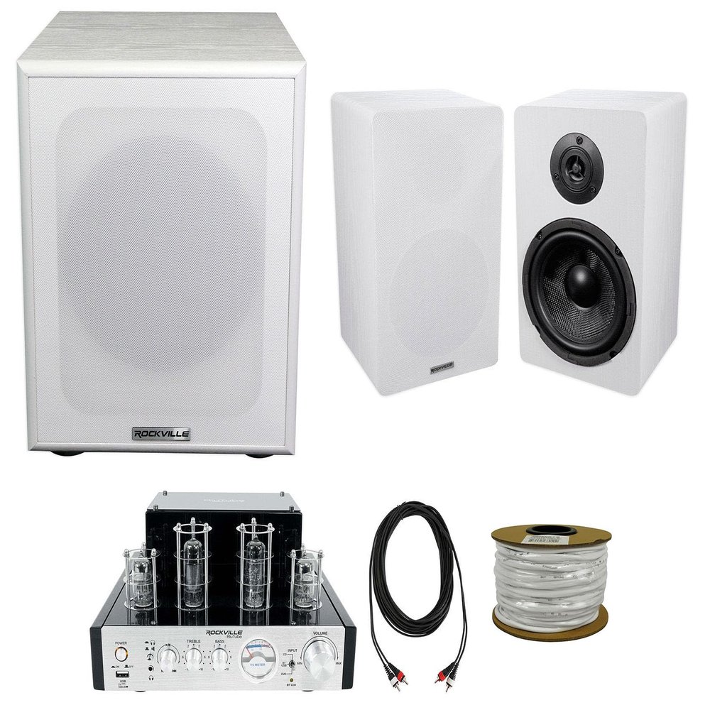 Rockville BluTube Amplifier Home Receiver+6.5" White Bookshelf Speakers+8" Sub