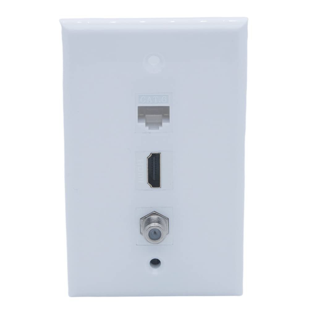 1Gang Colorful 1 Port HDMI 1 Port CAT6 RJ45 1 Port Coaxial F RG6 Female To Female Wall Plate (White)