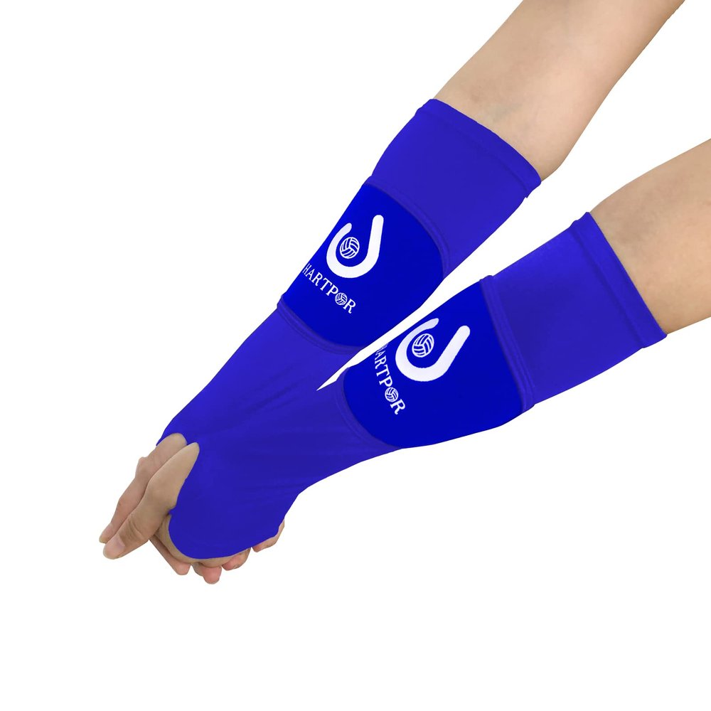 HARTPOR Volleyball Arm Sleeves Passing Forearm Sleeves with Protection Pad and Thumbhole for Youth Protect Arms from Sting 1 Pair 12" Blue