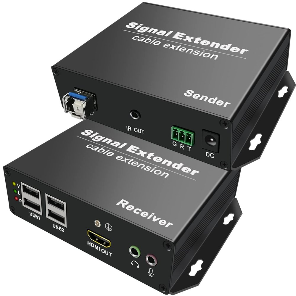 LornCeng 4K KVM USB HDMI Extender Over Fiber up to 20KM, Fiber Optic KVM Extender Zero Latency, 4 Ports USB2.0, Bidirectional Audio & RS232, IR Control
