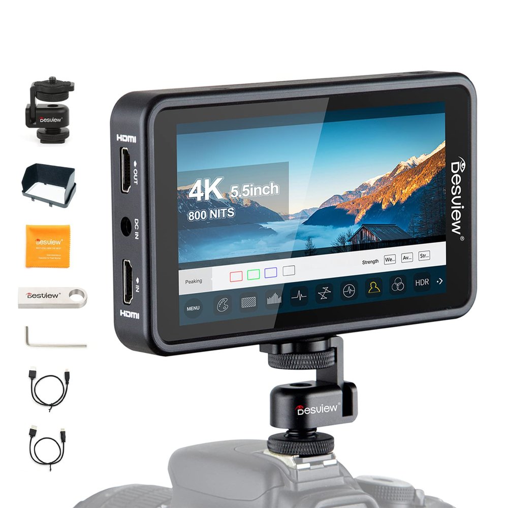 Desview R5II Camera Monitor 5.5 inch 1920 * 1080 IPS Full Touch Screen 4K HDMI HDR 3D LUT On-Camera Field Monitor with Hot Shoe Mount and Sunshade for Canon Sony Panasonic DSLR Camera BMPPC 4K