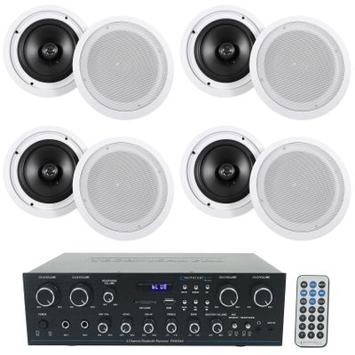 Technical Pro Bundle: RX400X4 4 Channel 8 Speaker Bluetooth Home Receiver+Mic Inputs Bundle with (4) Pairs Rockville HC85 8" 700W in-Ceiling Home Theater Speakers 8 Ohm (9 Items)