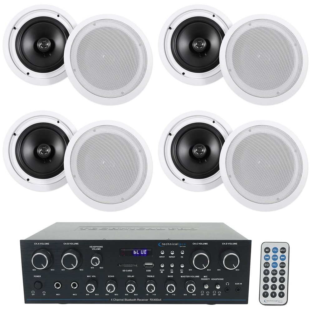 Technical Pro Bundle: RX400X4 4 Channel 8 Speaker Bluetooth Home Receiver+Mic Inputs Bundle with (4) Pairs Rockville HC85 8" 700W in-Ceiling Home Theater Speakers 8 Ohm (9 Items)