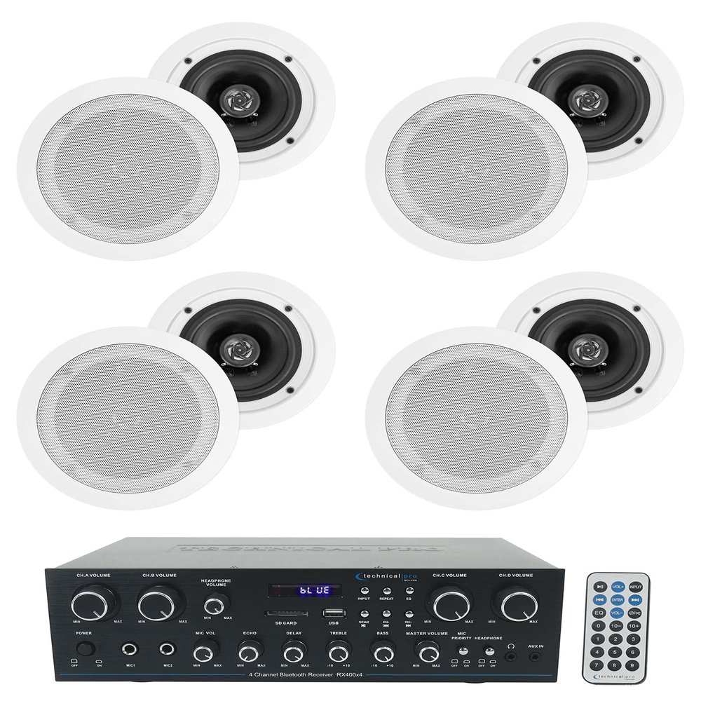 Technical Pro Bundle: RX400X4 4 Channel 8 Speaker Bluetooth Home Receiver+Mic Inputs Bundle with (4) Pairs Rockville HC55 White 5.25" 300W in-Ceiling Home Theater Speakers 8 Ohm (9 Items)