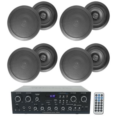 Technical Pro Bundle: RX400X4 4 Channel 8 Speaker Bluetooth Home Receiver+Mic Inputs Bundle with (4) Pairs Rockville HC655 Black 6.5" 500W in-Ceiling Home Theater Speakers 8 Ohm (9 Items)