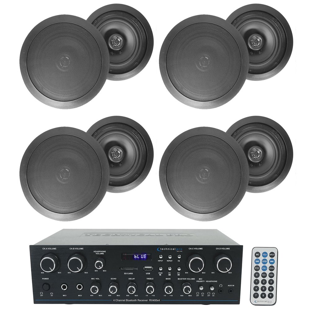 Technical Pro Bundle: RX400X4 4 Channel 8 Speaker Bluetooth Home Receiver+Mic Inputs Bundle with (4) Pairs Rockville HC655 Black 6.5" 500W in-Ceiling Home Theater Speakers 8 Ohm (9 Items)