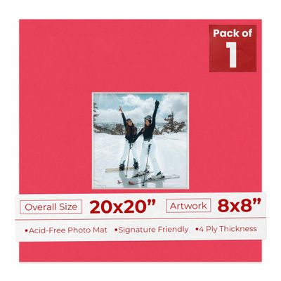 20x20 Mat Bevel Cut for 8x8 Photos - Acid Free Cardinal Red Precut Matboard With Backing Board and Crystal Clear, Self Seal Photo Mat Bag - For Pictures, Photos, Framing - 4-ply Thickness