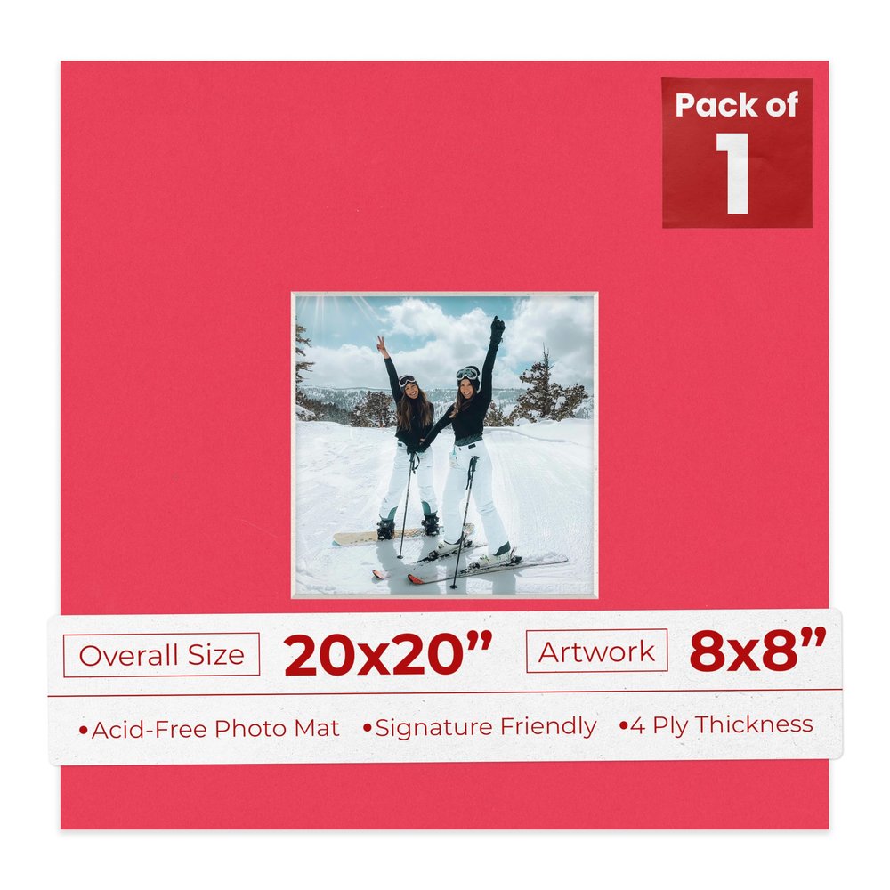 20x20 Mat Bevel Cut for 8x8 Photos - Acid Free Cardinal Red Precut Matboard With Backing Board and Crystal Clear, Self Seal Photo Mat Bag - For Pictures, Photos, Framing - 4-ply Thickness