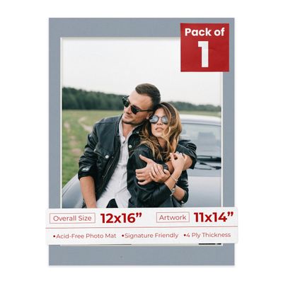 12x16 Mat Bevel Cut for 11x14 Photos - Acid Free Mid Grey Precut Matboard With Backing Board and Crystal Clear, Self Seal Photo Mat Bag - For Pictures, Photos, Framing - 4-ply Thickness