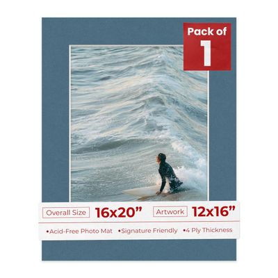 16x20 Mat Bevel Cut for 12x16 Photos - Acid Free Steel Blue Precut Matboard With Backing Board and Crystal Clear, Self Seal Photo Mat Bag - For Pictures, Photos, Framing - 4-ply Thickness