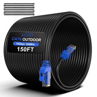 150FT Cat6 Outdoor Ethernet Cable, In-Ground, Heavy Duty Direct Burial, 24AWG CCA Patch Cord, POE, UTP, Waterproof, LLDPE UV Resistant, Network, Internet, LAN, Cat 6 Cable 150 Feet with 25 Cable Ties