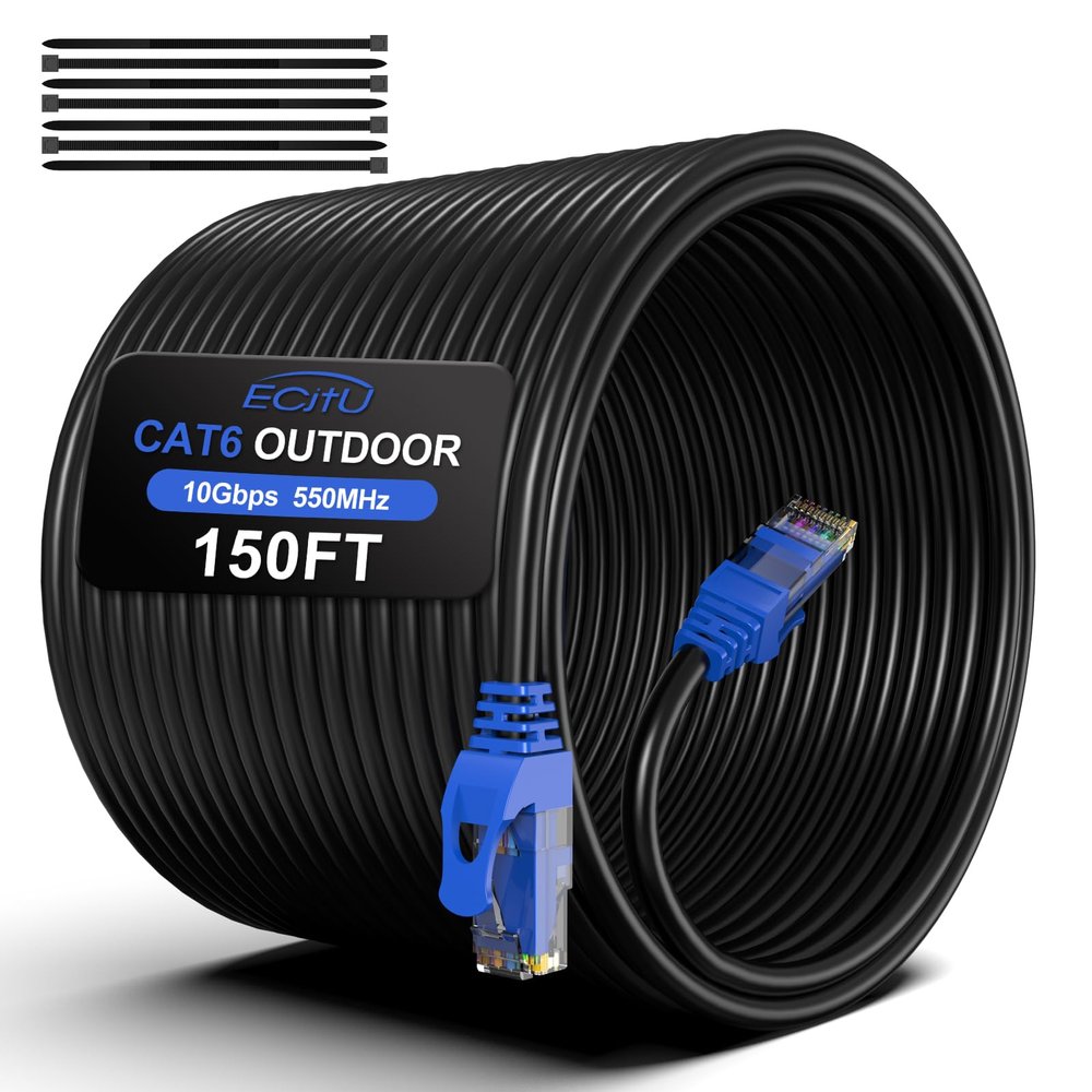 150FT Cat6 Outdoor Ethernet Cable, In-Ground, Heavy Duty Direct Burial, 24AWG CCA Patch Cord, POE, UTP, Waterproof, LLDPE UV Resistant, Network, Internet, LAN, Cat 6 Cable 150 Feet with 25 Cable Ties