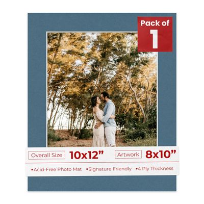 10x12 Mat Bevel Cut for 8x10 Photos - Acid Free Steel Blue Precut Matboard With Backing Board and Crystal Clear, Self Seal Photo Mat Bag - For Pictures, Photos, Framing - 4-ply Thickness
